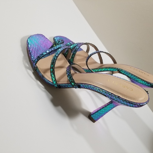 Carvela Metallic Turquoise Snakeskin Leather Strap Stiletto Open Toe Sandal 9.5 - Picture 6 of 8